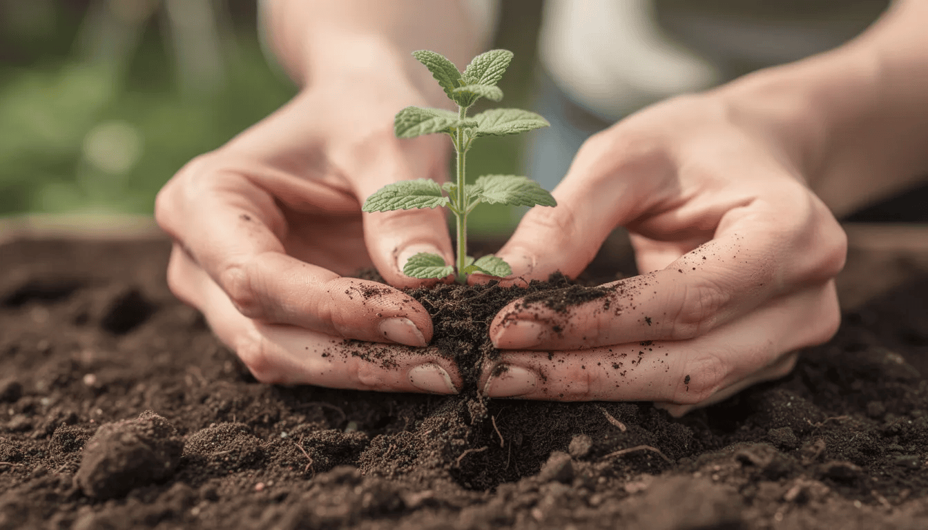 Na zdjęciu widoczne są ręce sadzące młodą sadzonkę kocimiętki w przygotowaną glebę ogrodową. Kocimiętka, roślina miododajna, jest znana ze swojego intensywnego zapachu, który wabi koty i przyciąga pszczoły.