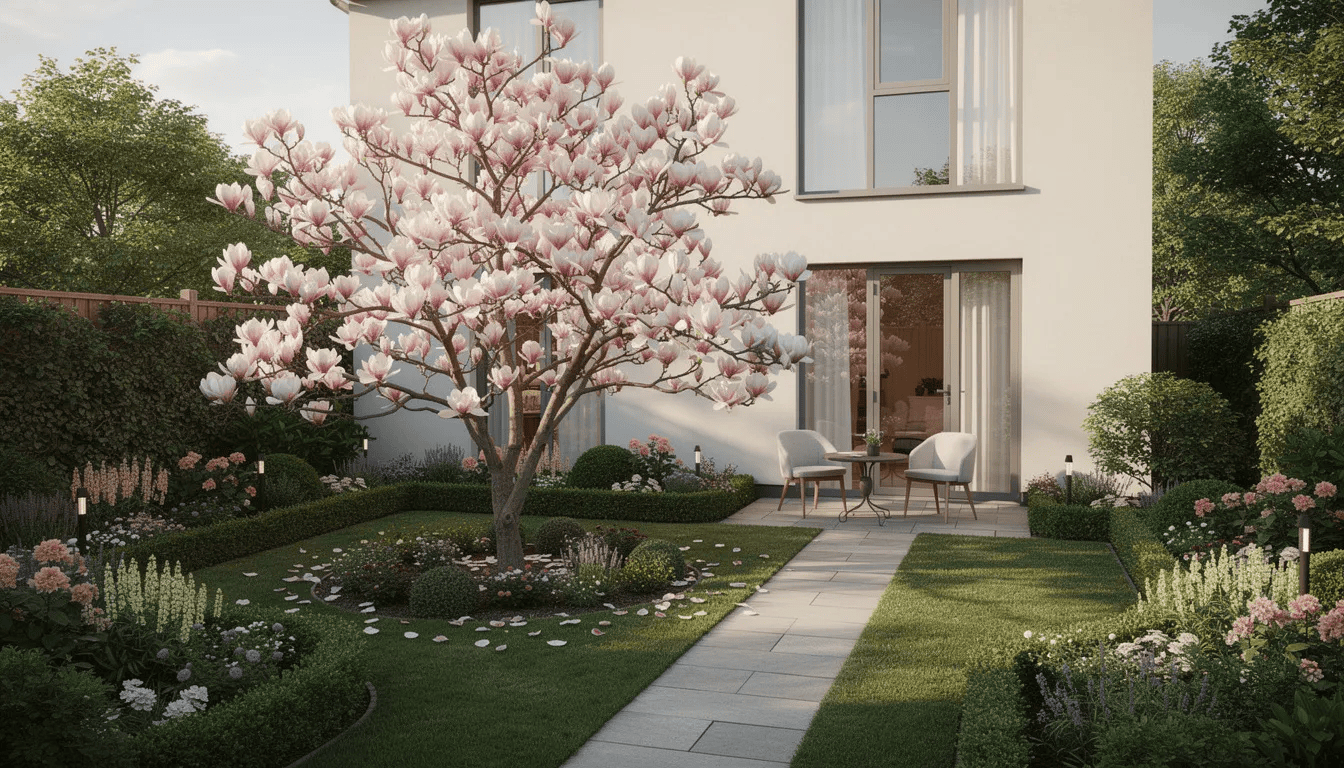 Na zdjęciu znajduje się elegancki przydomowy ogród, w którym centralnym elementem kompozycji jest kwitnąca magnolia, otoczona młodymi roślinami i kolorowymi kwiatami. Ogród emanuje wiosenną świeżością, a efektowne kwiaty magnolii przyciągają wzrok swoją urodą.