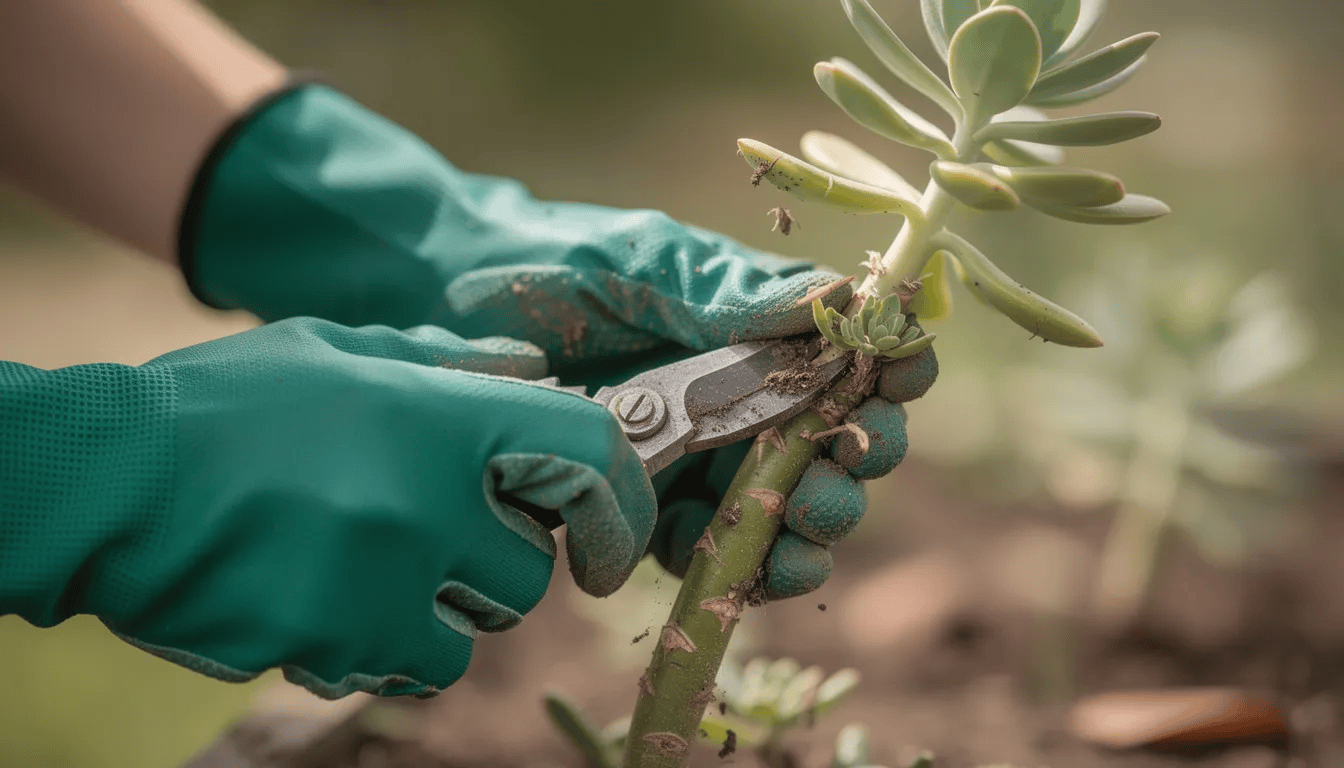 Na zdjęciu widoczne są dłonie w rękawicach ogrodowych, które delikatnie pobierają sadzonkę wilczomlecza, rośliny ozdobnej o mięsistych liściach. W tle można dostrzec inne rośliny doniczkowe, co podkreśla różnorodność gatunkową uprawy.