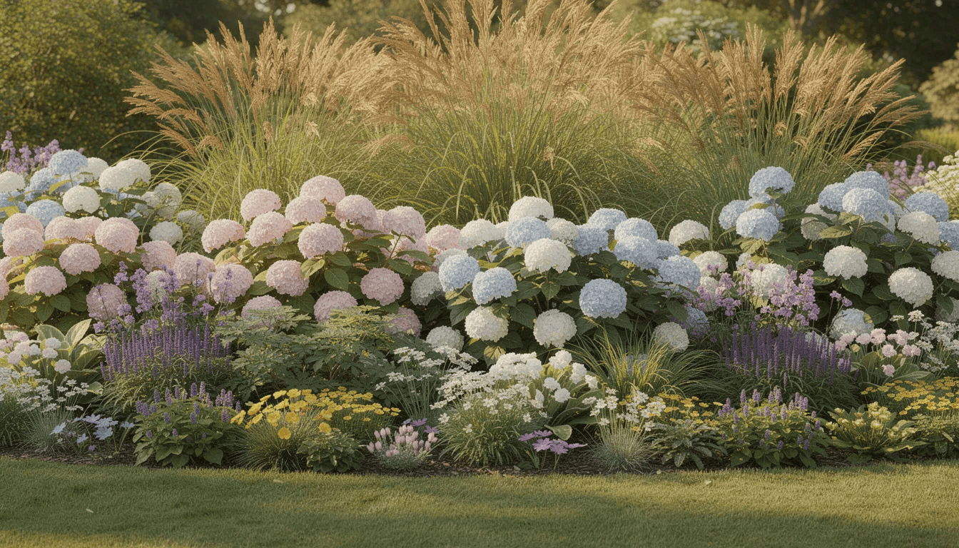 Na zdjęciu widoczna jest kolorowa rabata ogrodowa, w której dominują piękne kwiaty hortensji ogrodowej oraz różnorodne byliny i trawy ozdobne. Rośliny te, w pełnym słońcu, tworzą bujną kompozycję, zachwycając bogactwem kolorów i kształtów.