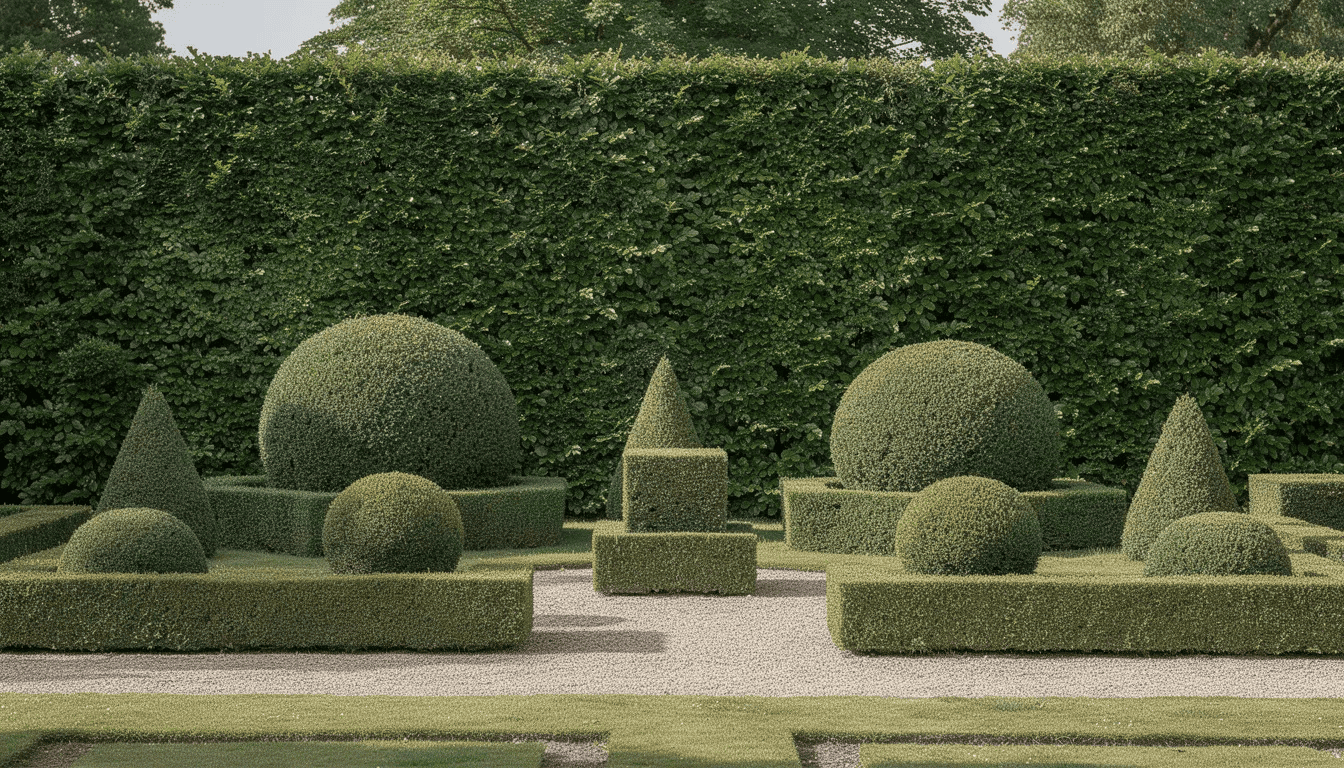 Gęsty żywopłot bukszpanowy w formalnym ogrodzie, z geometrycznie przyciętymi krzewami, tworzy harmonijną kompozycję. Bukszpan zwyczajny, wiecznie zielony krzew, jest idealnym wyborem do tworzenia niskich żywopłotów, które dodają elegancji przestrzeni.