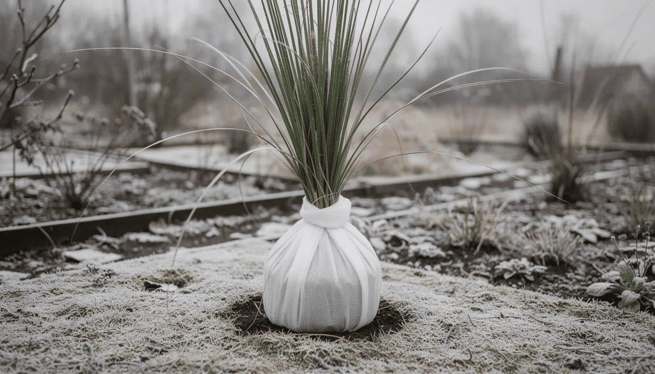 Na zdjęciu znajduje się trawa pampasowa z jej liśćmi związanymi w snopek, otulona agrowłókniną w zimowym ogrodzie. Trawa pampasowa, znana z obfitego kwitnienia i eleganckiego wyglądu, dodaje niepowtarzalnego charakteru tej zimowej scenerii.
