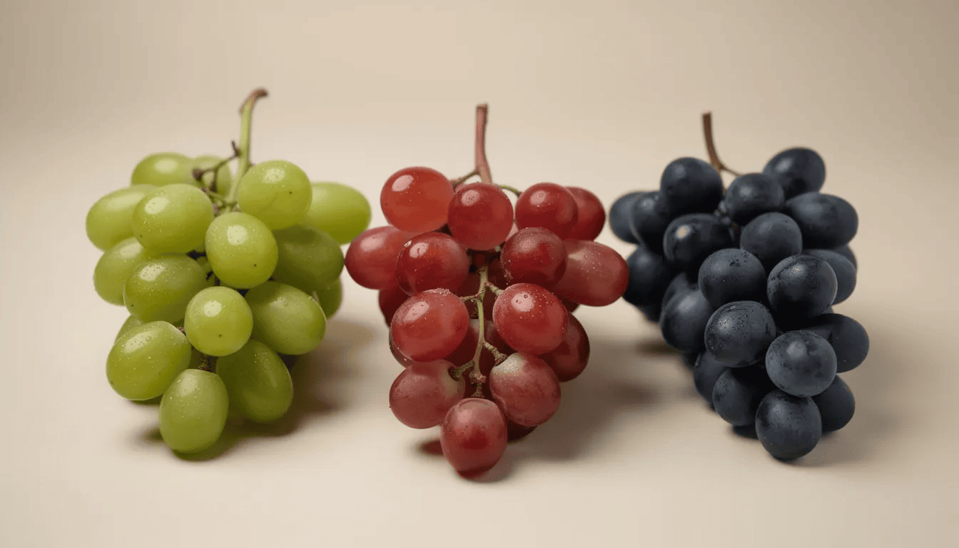 Na obrazku widać różne odmiany winogron: zielone, czerwone i granatowe grona ułożone obok siebie. Te smaczne owoce pochodzą z uprawy winorośli i są popularne w przydomowych ogrodach oraz działkach rekreacyjnych.