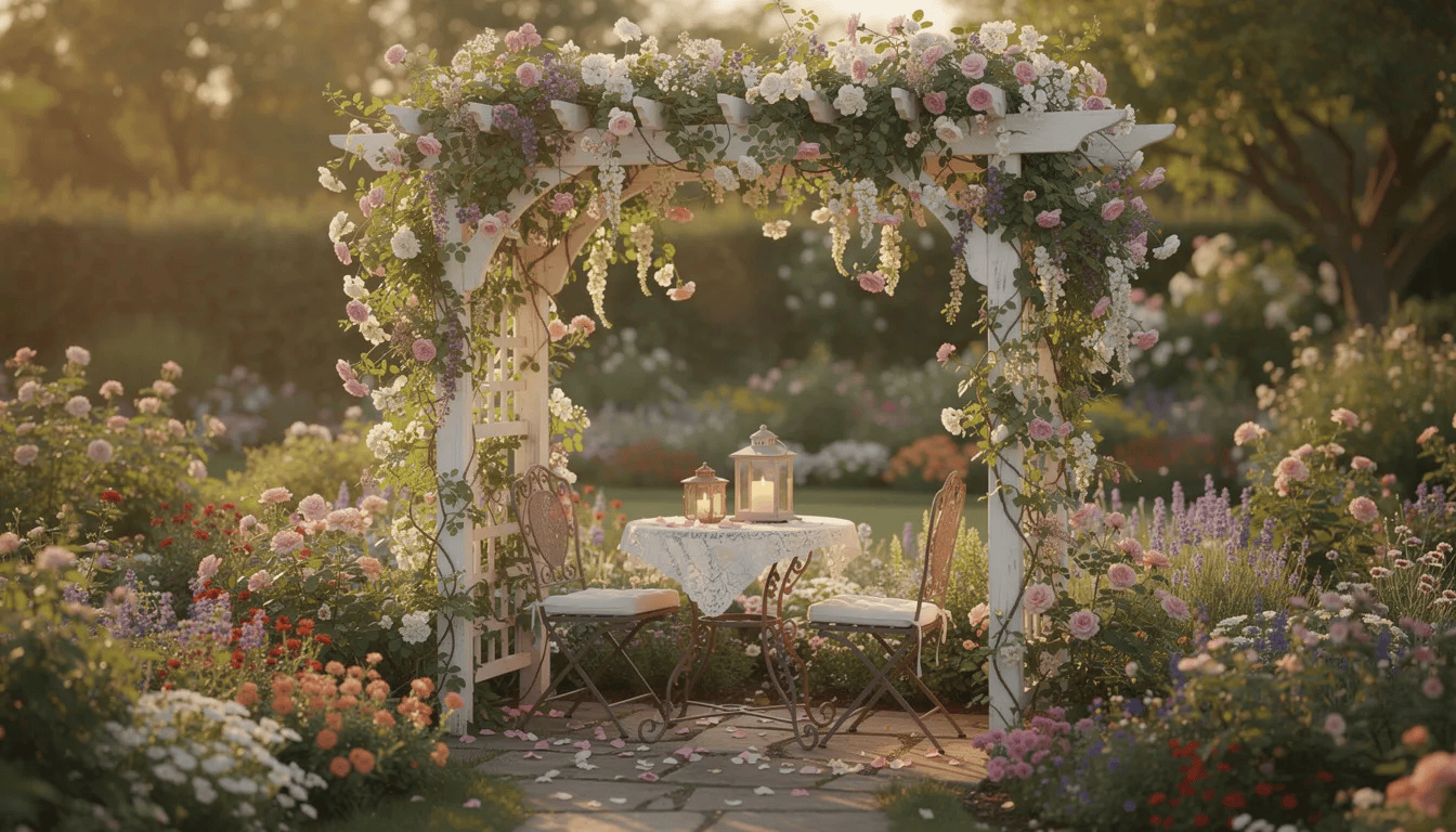 W romantycznym zakątku ogrodowym znajduje się pergola obsadzona kwitnącymi pnączami, w tym wiciokrzewem japońskim i wiciokrzewem pomorskim, które obficie kwitną i emitują przyjemny zapach. Otoczenie wypełnione jest kolorowymi pąkami kwiatowymi oraz zimozielonymi roślinami, co tworzy urokliwą atmosferę sprzyjającą relaksowi.