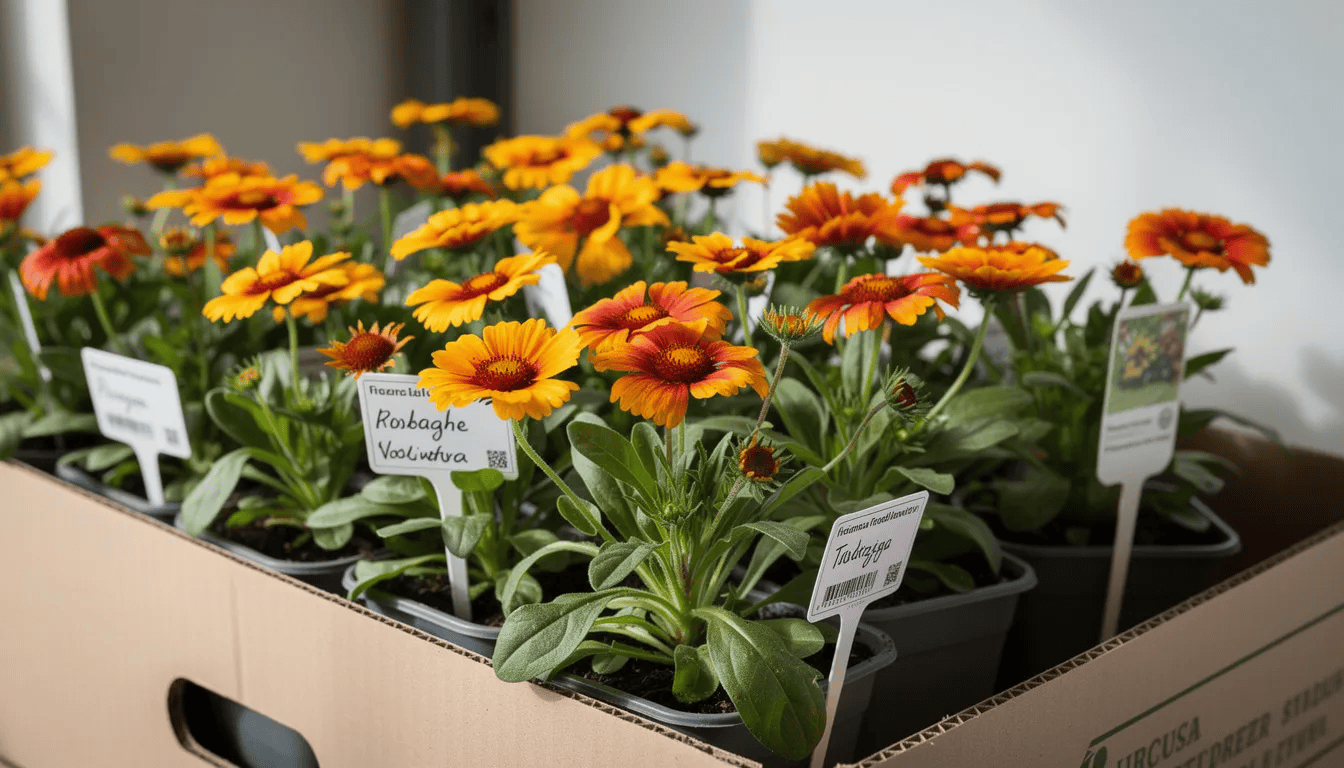 Na zdjęciu znajdują się kolorowe sadzonki gailardii w pojemnikach, gotowe do wysyłki. Rośliny te charakteryzują się dużymi, dwubarwnymi kwiatami oraz delikatnymi włoskami na łodygach, co czyni je idealnym wyborem do ogrodów i tarasów.