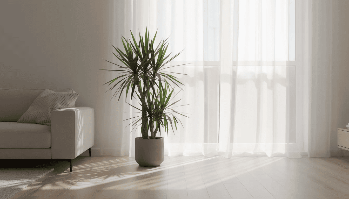 Na obrazku widoczna jest juka doniczkowa w jasnym salonie, ustawiona przy dużym oknie z białymi firankami. Roślina ma sztywne, ostro zakończone liście, które nadają jej egzotyczny wygląd i doskonale komponują się z dekoracją wnętrz.