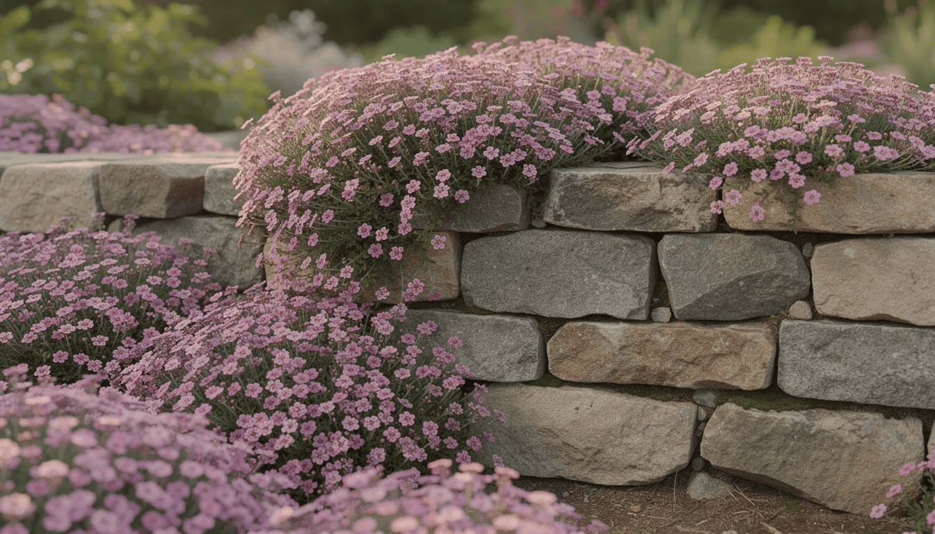 Na zdjęciu widoczny jest kamienny murek, na którym kwitnie różowy żagwin ogrodowy, tworząc efektowne kaskady kolorowych kwiatów. Roślina ta, z dużymi kwiatami w odcieniach różu, doskonale komponuje się z otoczeniem, tworząc malowniczy widok w ogrodzie.