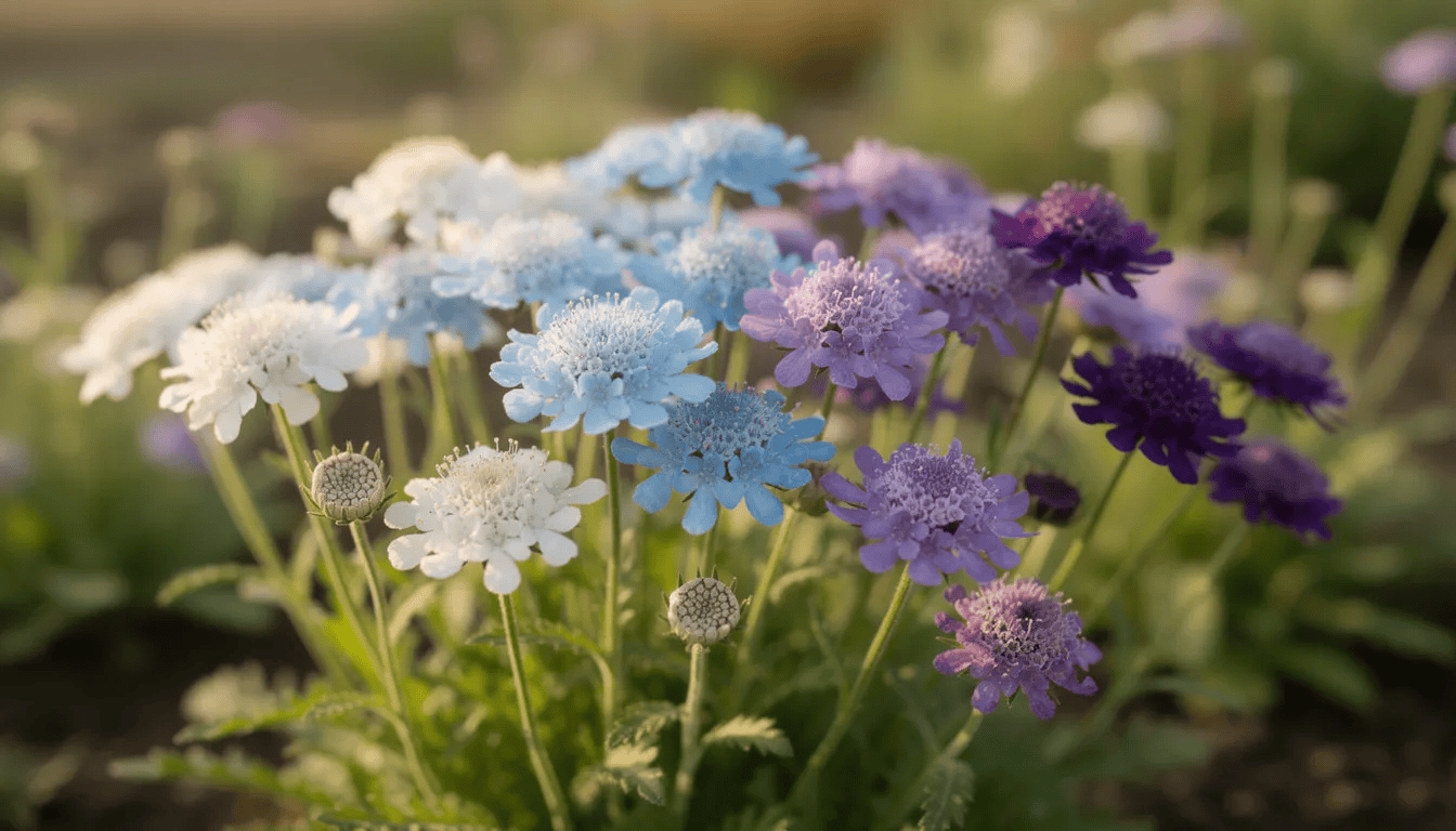 Na obrazie widoczne są różne odmiany driakwi o kolorach od białego przez niebieski po purpurowy, rosnące obok siebie. Kwiaty te, z charakterystycznymi główkowatymi kwiatostanami, stanowią efektowny element rabat w ogrodach, przyciągając pożyteczne owady i dodając harmonijnych kompozycji w umiarkowanie wilgotnych stanowiskach słonecznych.
