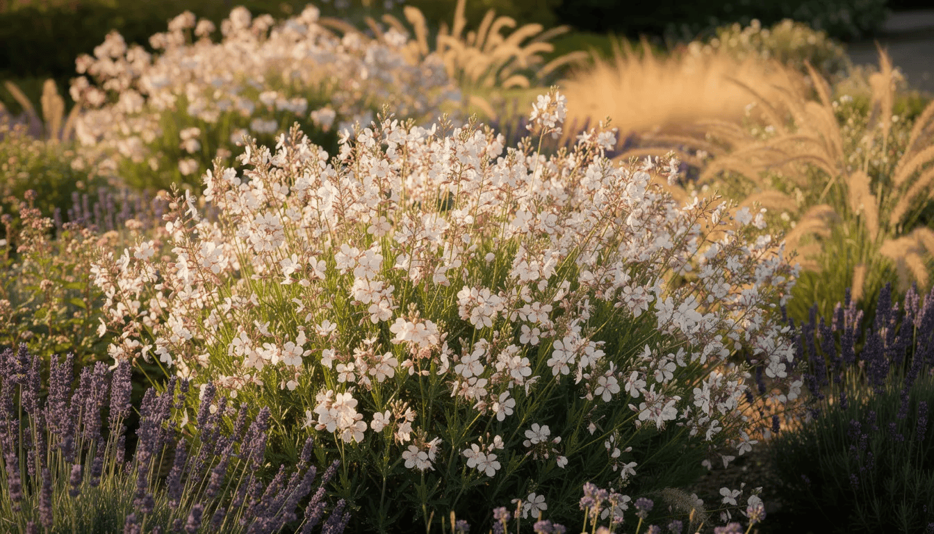 Na nasłonecznionej rabacie rosną młode rośliny gaury lindheimeri z jasnoróżowymi kwiatami, otoczone lawendą i ozdobnymi trawami. Rośliny te charakteryzują się długotrwałym kwitnieniem i preferują słoneczne stanowiska, tworząc piękną kompozycję w ogrodzie.