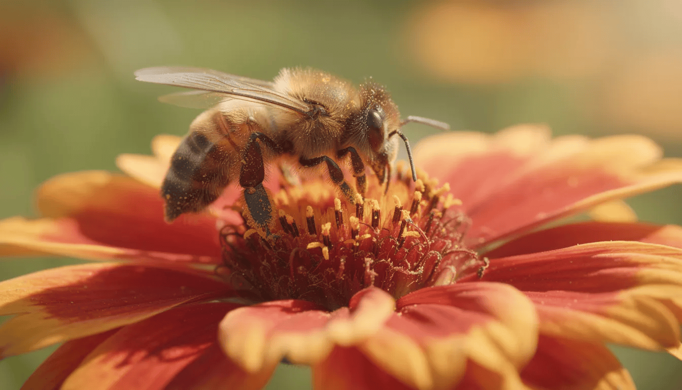 Na zdjęciu widoczna jest pszczoła, która zbiera nektar z czerwonych kwiatów gailardii w słoneczny dzień. Kwiaty te, należące do rodziny astrowatych, mają delikatne płatki i są doskonałym wyborem do ogrodów, kwitnąc przez całe lato.