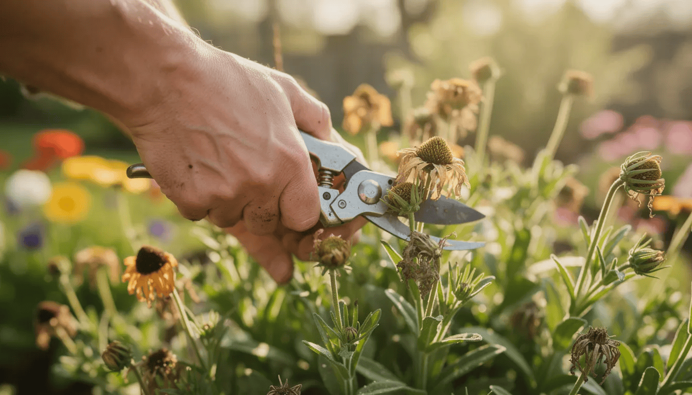 Na zdjęciu widać ręce doświadczonego ogrodnika, które przycinają przekwitłe kwiaty różowe bylin w słoneczny wiosenny dzień. W tle znajdują się inne rośliny ozdobne, a cała scena oddaje atmosferę pielęgnacji ogrodu pełnego kolorów i życia.