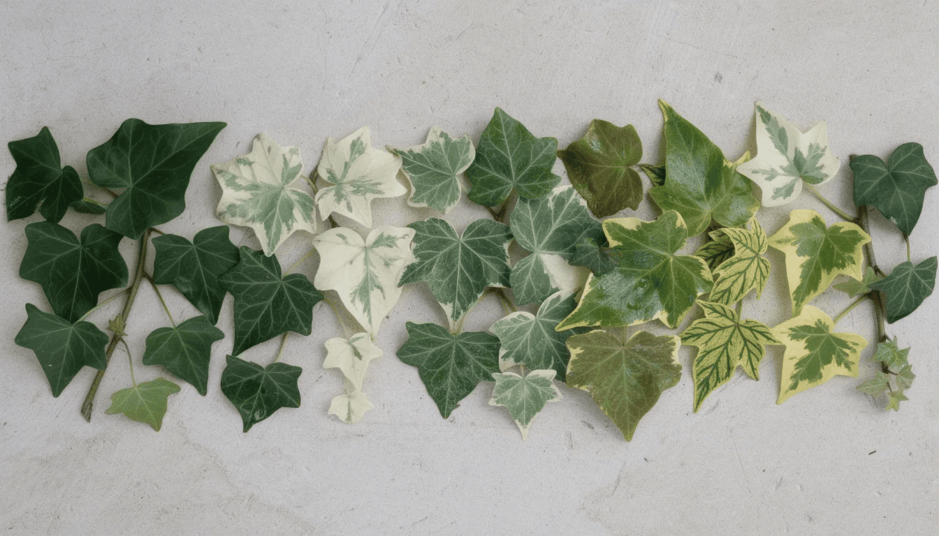 Na zdjęciu znajdują się różne odmiany bluszczu, zarówno o pstrych, jak i zielonych liściach, ułożone obok siebie. Wśród nich można dostrzec bluszcz pospolity oraz bluszcz doniczkowy, które są popularnymi roślinami ozdobnymi w domowych ogrodach.