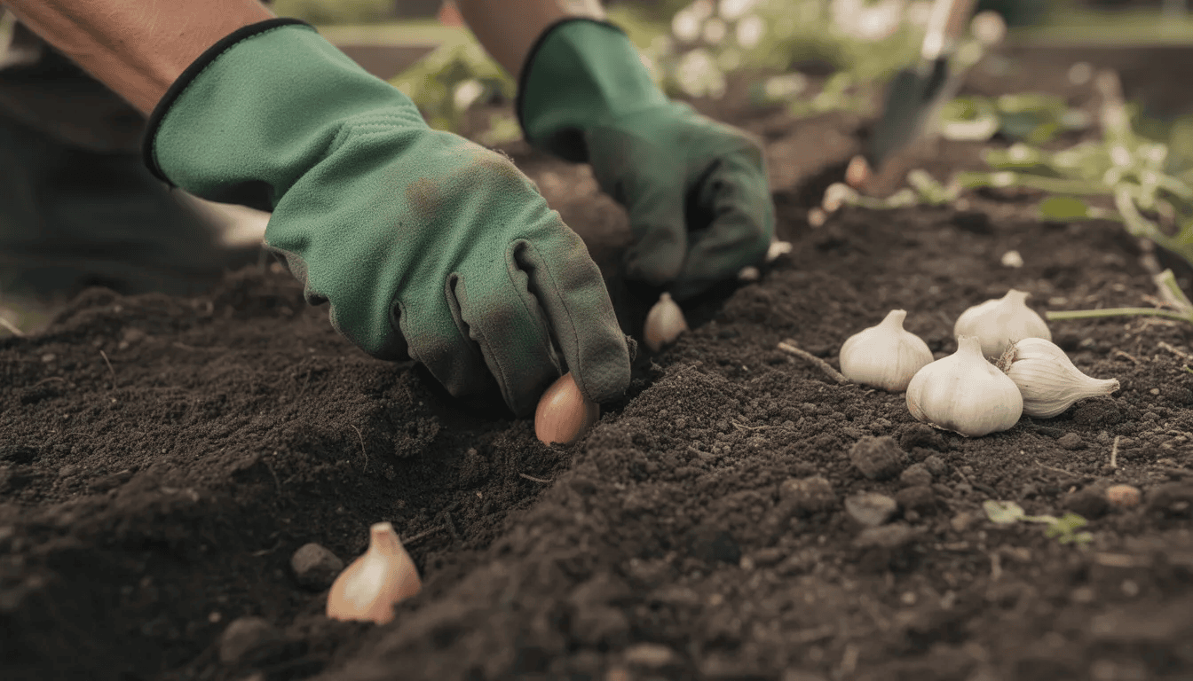 Na zdjęciu widać ręce w rękawiczkach ogrodniczych, które sadzą pojedyncze ząbki czosnku w przygotowanej, ciemnej glebie. W tle można dostrzec fragmenty ogrodu, co sugeruje, że to miejsce do uprawy czosnku.