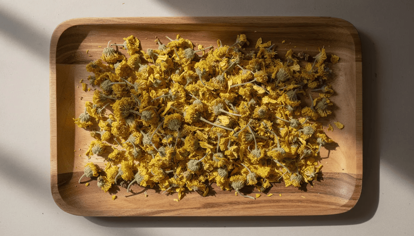 Na drewnianej tacy leżą suszone żółte kwiaty dziewanny, które charakteryzują się pięcioma płatkami i są popularne w ziołolecznictwie ze względu na swoje właściwości lecznicze. Kwiaty dziewanny, takie jak dziewanna pospolita i dziewanna wielkokwiatowa, są często wykorzystywane w naturalnych naparach łagodzących kaszel i wspierających drogi oddechowe.