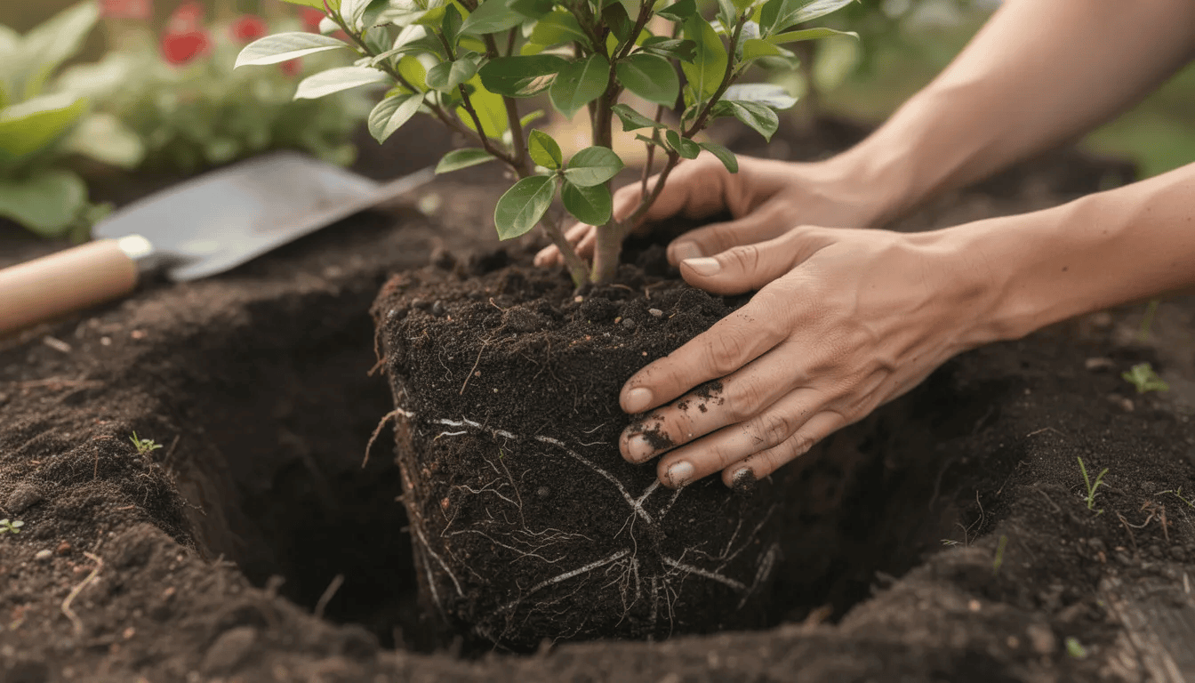 Na zdjęciu widzimy ręce ogrodnika, które starannie sadzą młody krzew lilaka pospolitego w przygotowany dołek w żyznej ziemi ogrodowej. Otoczenie jest słoneczne, co sprzyja wzrostowi rośliny, a w tle można dostrzec dekoracyjne liście oraz inne rośliny ozdobne.