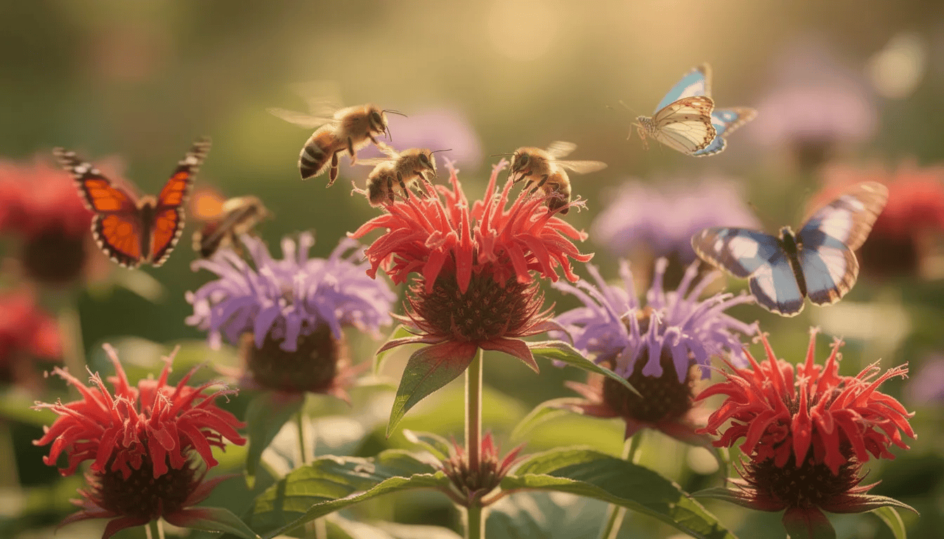 W ogrodzie rosną kolorowe kwiaty pysznogłówki, otoczone pszczołami i motylami, które latają wokół gęstych kęp tej aromatycznej byliny. Kwiaty pysznogłówki, w odcieniach różowym, liliowym i białym, kwitną latem, wprowadzając przyjemny cytrusowy zapach do przestrzeni ogrodowej.