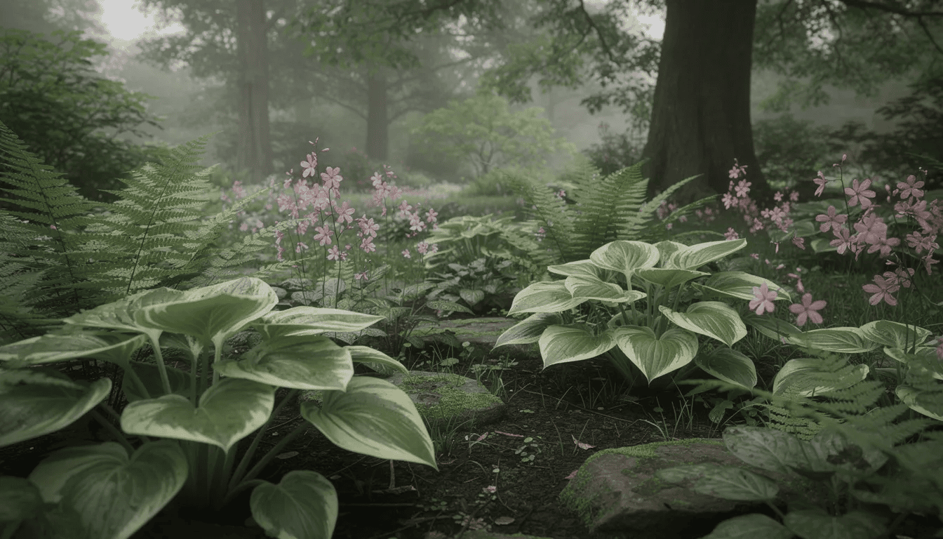 W zacienionym ogrodzie rosną piękne byliny, w tym różowe kwiaty serduszki okazałej, które mają sercowate liście. W otoczeniu paproci i funkii, rośliny te tworzą malowniczy krajobraz w stanowisku półcienistym.