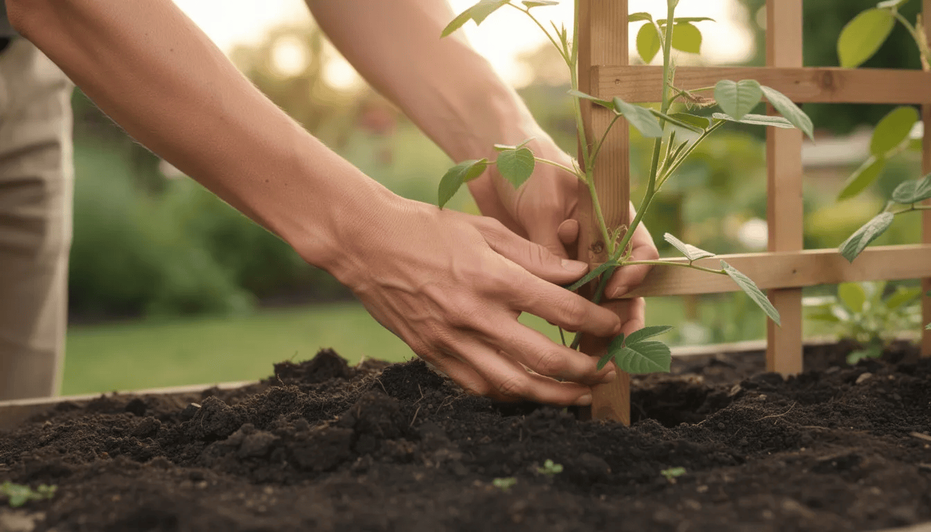 Na zdjęciu widoczne są ręce sadzące młodą roślinę pnącą, prawdopodobnie wiciokrzew, przy drewnianej kratownicy. Roślina ma świeże pędy, które obiecują obfite kwitnienie w nadchodzących miesiącach.