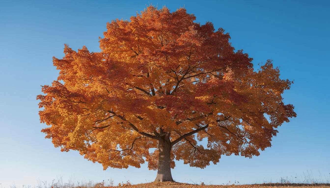 Na obrazku widoczny jest dorosły klon czerwony z intensywnie pomarańczowo-czerwonymi liśćmi, które pięknie przebarwiają się jesienią, na tle błękitnego nieba. Drzewo ma gęstą koronę i stanowi doskonały przykład ozdobnego drzewa w każdym ogrodzie.