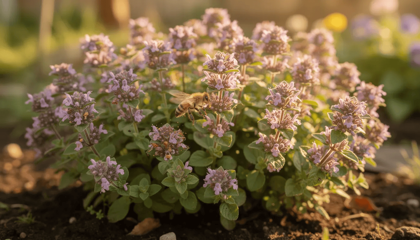 Na zdjęciu znajduje się kępa kwitnącego oregano, znanego również jako lebiodka pospolita, w słonecznym ogrodzie. Fioletowe kwiatostany przyciągają pszczołę, która zbiera nektar, a wokół widoczne są szarozielone liście tej aromatycznej rośliny.