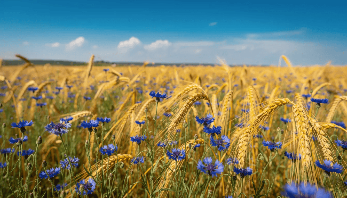 Na obrazie widać pole pełne niebieskich kwiatów chabra bławatek, które pięknie kontrastują z jasnymi, złotymi kłosami zbóż w słoneczny letni dzień. Kwiaty bławatka kwitną w pełni, przyciągając owady zapylające, co tworzy malowniczy krajobraz natury.
