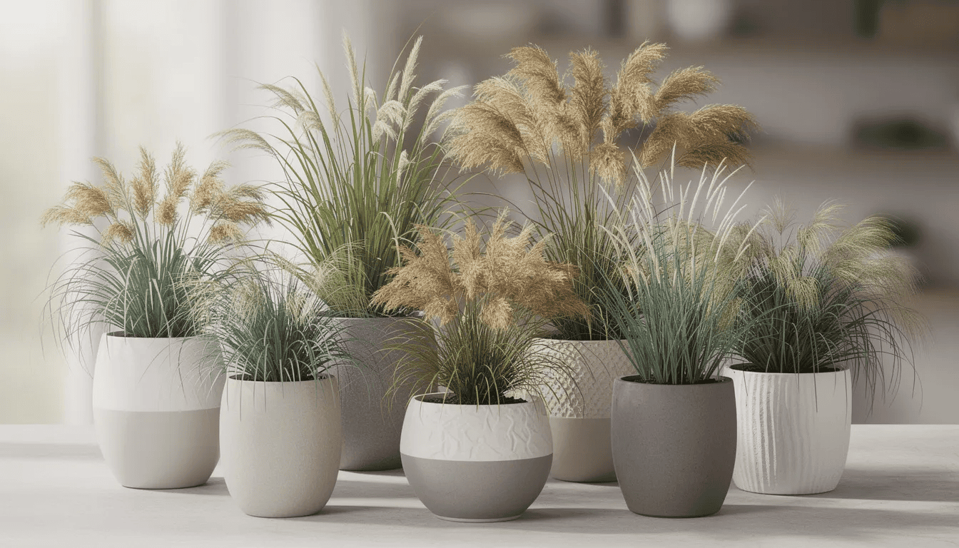 Na zdjęciu widoczne są różnorodne odmiany traw ozdobnych, w tym turzyca buchanana i turzyca japońska, rosnące w eleganckich ceramicznych donicach. Rośliny mają zielone liście i tworzą zwarte kępy, co sprawia, że doskonale nadają się do dekoracji ogrodów oraz tarasów.