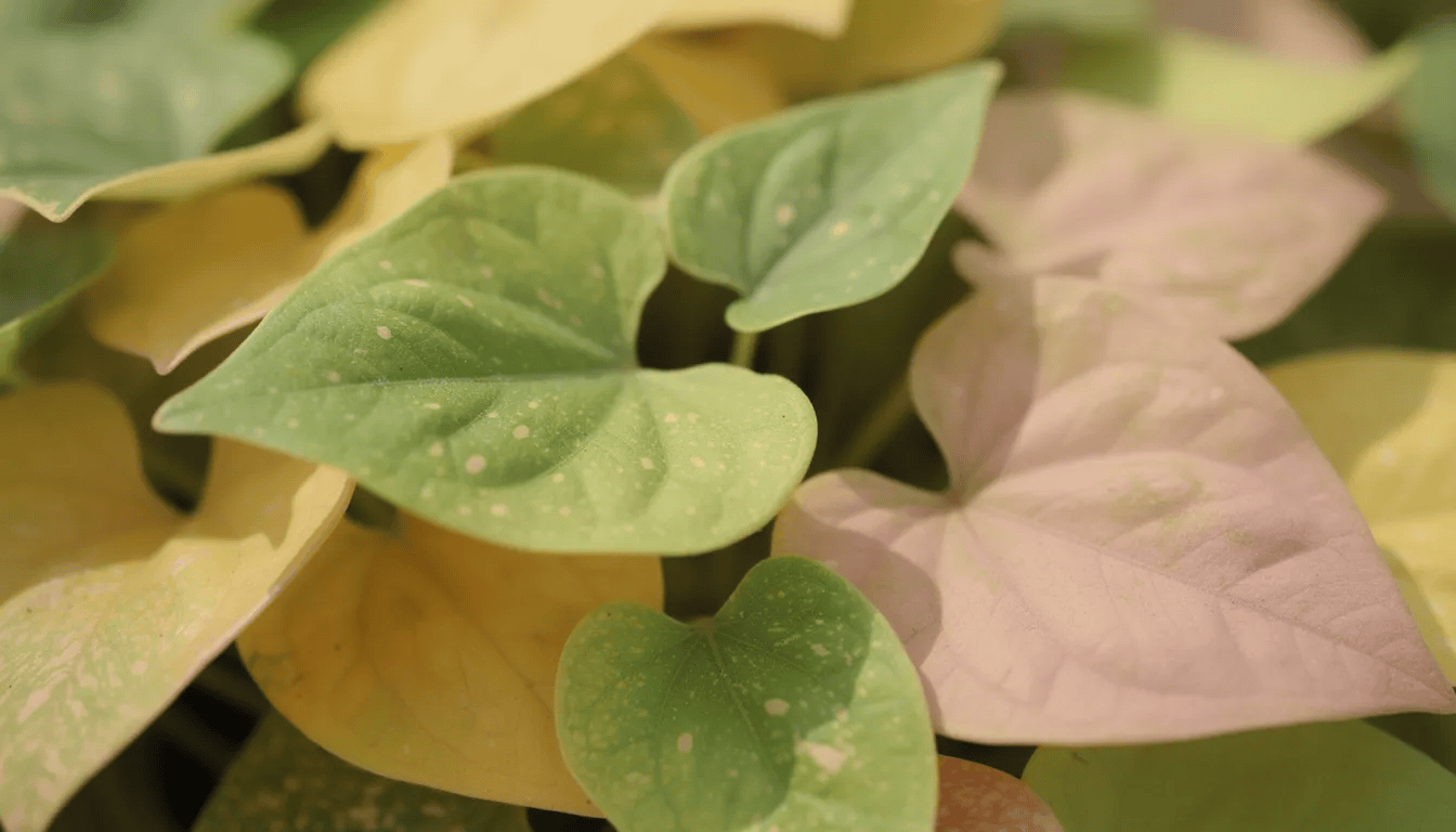 Zbliżenie na kolorowe liście pstrolistki sercowatej, w odcieniach zieleni, żółci i różu, które mają charakterystyczny kształt serca. Roślina okrywowa, znana również jako houttuynia cordata, tworzy piękne, wielobarwne dywany w ogrodach, szczególnie w stanowiskach półcienistych.