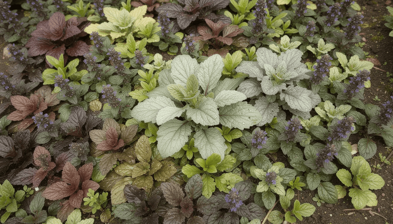 Na obrazie widać różne odmiany dąbrówki rozłogowej, które rosną obok siebie, tworząc kolorowy kobierzec. Roślina ta, znana z walorów dekoracyjnych, kwitnie wiosną, a jej liście i kwiatostany dodają uroku w zacienionych zakątkach ogrodu.