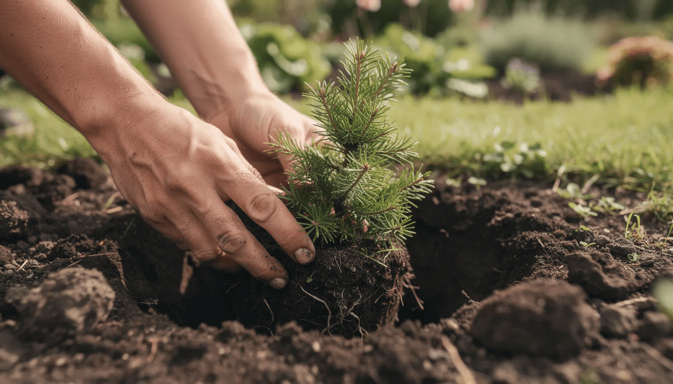 Na zdjęciu widoczne są ręce osoby sadzącej młody krzew iglasty w ogrodzie. Roślina, będąca jednym z wielu gatunków iglaków, ma stożkowy pokrój, a jej igły są zielone, co dodaje uroku otoczeniu.