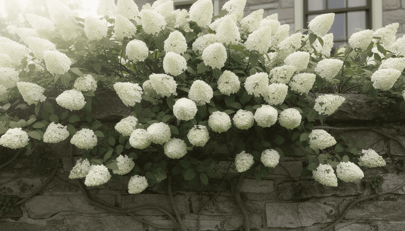Na obrazie widoczna jest dojrzała hortensja pnąca, która wspina się po kamiennym murze domu, pokryta dużą ilością białych, baldachowatych kwiatostanów. Roślina ta, z ciemnozielonymi liśćmi, doskonale rośnie w stanowisku półcienistym, dodając uroku otoczeniu.