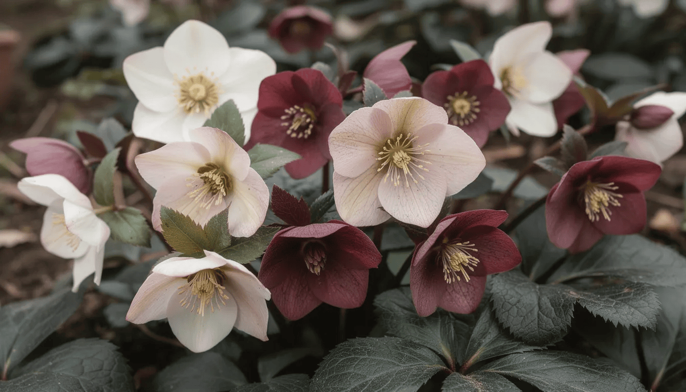 Na obrazku widoczne są różnokolorowe kwiaty ciemierników w odcieniach bieli, różu i bordowego, które wyróżniają się na tle ciemnych, skórzastych liści. Te piękne kwiaty, znane także jako róże bożego narodzenia, kwitną wczesną wiosną, dodając uroku zimowemu ogrodowi.
