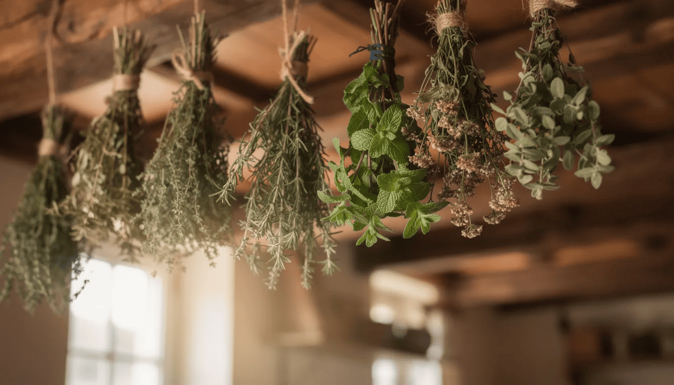 Na zdjęciu widać pęczki ziół, w tym dziurawca zwyczajnego, suszące się zawieszone pod sufitem. Zioła mają różne odcienie zieleni i są starannie związane, co nadaje im estetyczny wygląd.