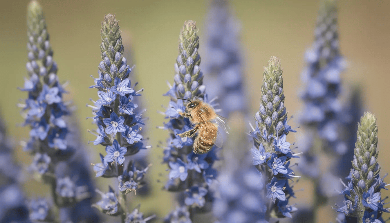 Na zdjęciu widać zbliżenie na niebieskie kwiatostany przetacznika kłosowego, na których znajduje się pszczoła zbierająca nektar. Kwiaty te wyróżniają się długimi kwiatostanami i są charakterystyczne dla rodziny babkowatych, co sprawia, że stanowią ważny element ogrodów naturalistycznych.