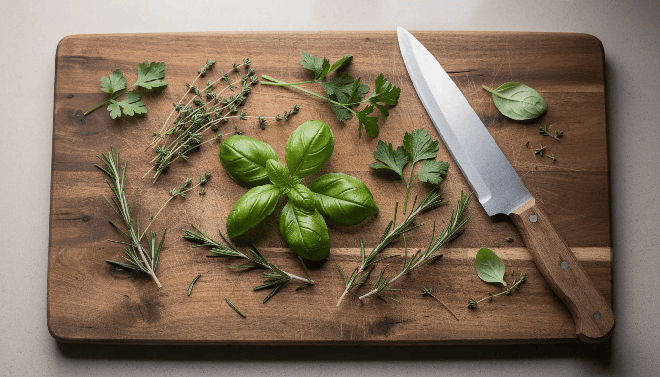 Na drewnianej desce kuchennej leżą świeże zioła kulinarne, takie jak mięta i pokrzywa, obok ostrego noża. Zioła te są znane ze swoich właściwości leczniczych i korzystnego wpływu na układ odpornościowy.