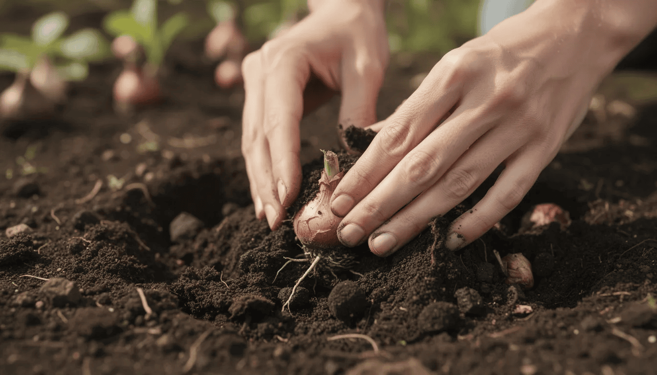 Na obrazku widać dłonie sadzące bulwy roślinne w żyznej, ciemnej glebie ogrodowej. W tle można dostrzec młode sadzonki, które mogą być różnymi gatunkami zawilców, takimi jak zawilec japoński czy zawilec wielkokwiatowy.