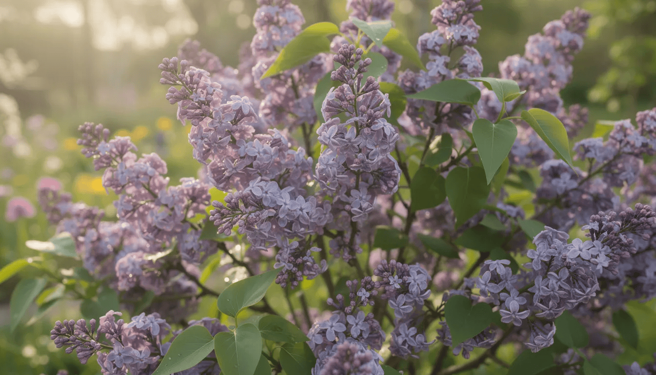 Na obrazie widać kwitnący krzew bzu lilaka, znany jako lilak pospolity, z obfitymi fioletowymi kwiatostanami w majowym ogrodzie. Roślina ta charakteryzuje się intensywnym zapachem i dekoracyjnymi liśćmi, tworząc piękną kompozycję w nasłonecznionym miejscu.