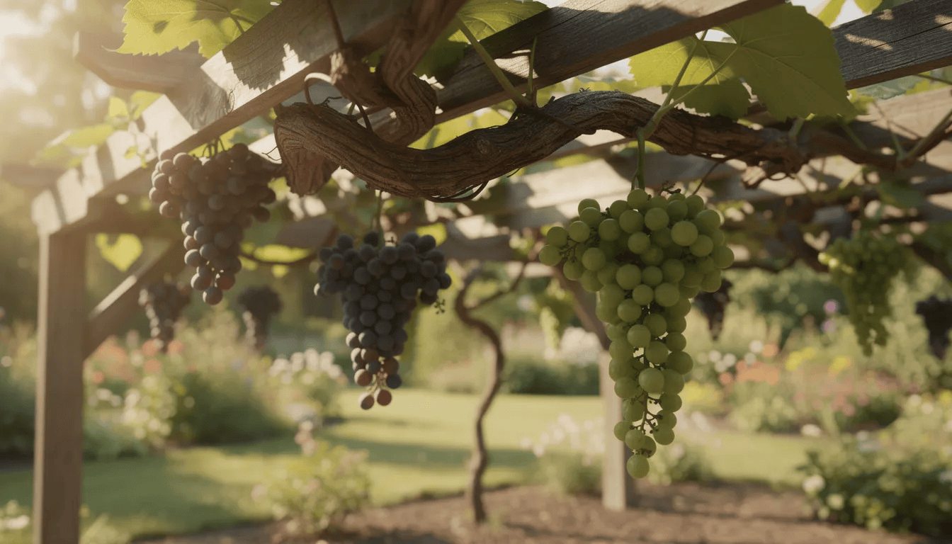 Na drewnianej pergoli w słonecznym ogrodzie rośnie dojrzała winorośl, obficie obciążona smacznymi owocami winogron. Roślina ta, będąca odmianą vitis vinifera, cieszy się pełnym słońcem i odpowiednią pielęgnacją, co sprzyja jej owocowaniu.