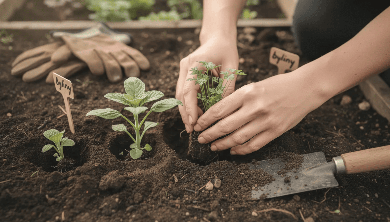 Na zdjęciu widać ręce sadzące byliny w przygotowanej glebie ogrodowej, z uwzględnieniem młodych sadzonek przetacznika kłosowego. Gleba jest żyzna i dobrze nawilżona, co sprzyja obfitemu kwitnieniu roślin.