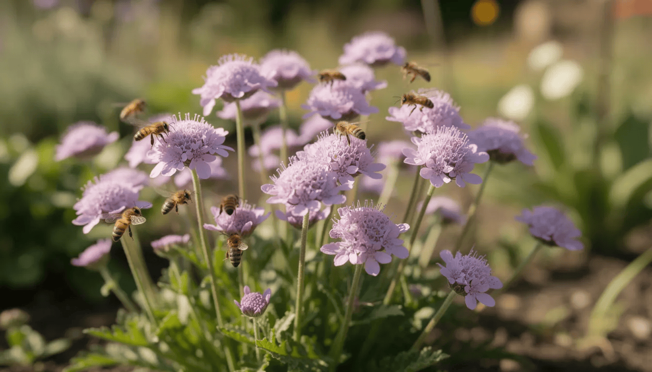 Na obrazku widoczna jest zdrowa kępa świerzbnicy, z delikatnymi różowymi kwiatami, w ogrodzie, gdzie pszczoły i inne owady zapylające odwiedzają jej kwiaty. Roślina ta, znosząca suszę, pięknie komponuje się z innymi bylinami w stylu naturalistycznym.