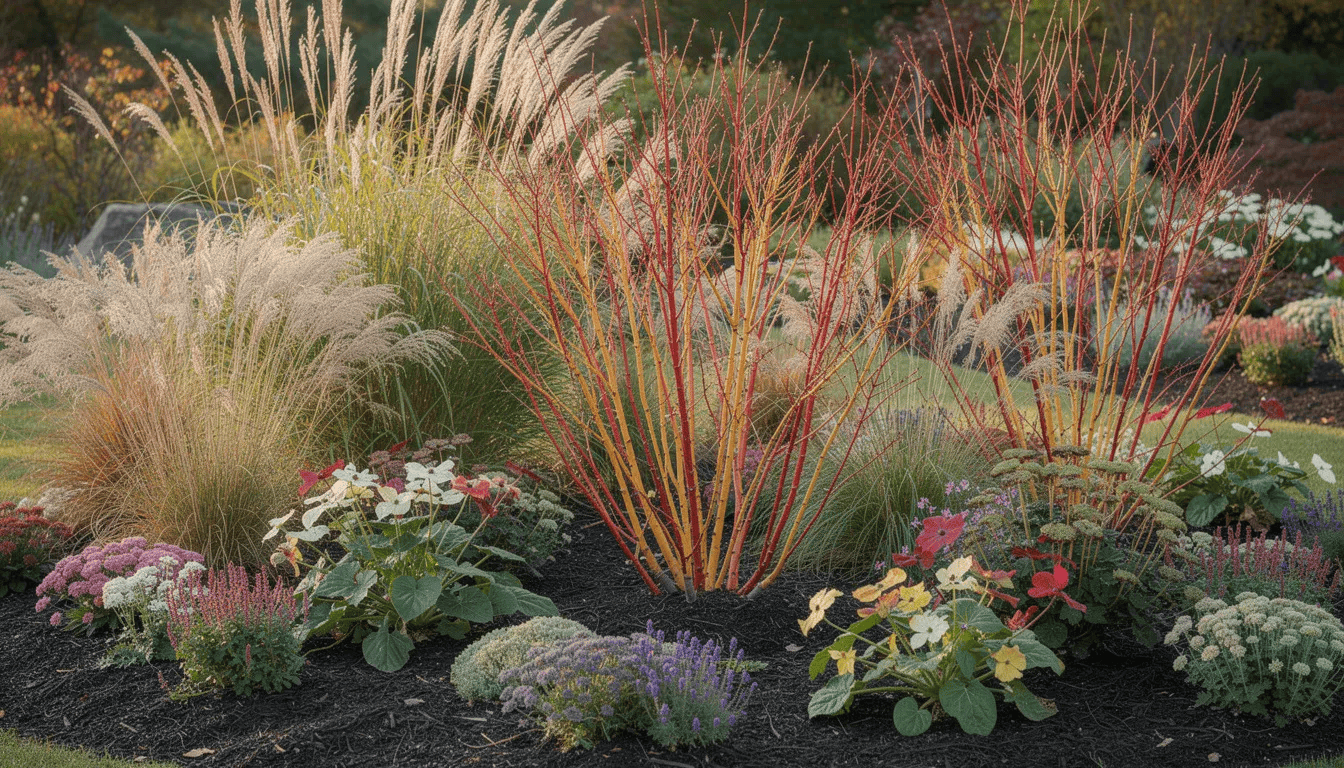 Na zdjęciu znajduje się kompozycja ogrodowa z kolorowymi, czerwonymi pędami derenia, otoczoną ozdobnymi trawami i bylinami, które tworzą harmonijną całość. W tle widoczne są liście derenia, a cała scena emanuje wiosennym urokiem, idealnym do każdego ogrodu.