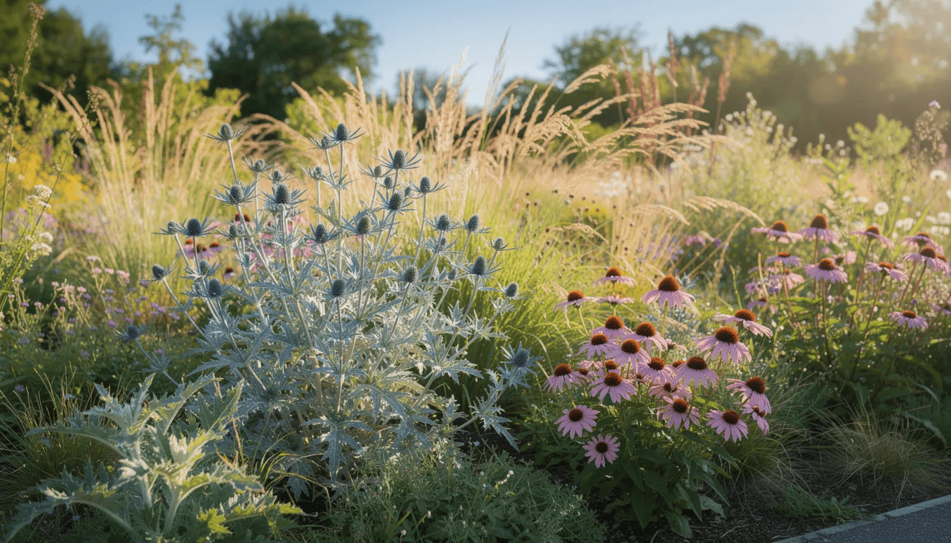 Na obrazku znajduje się naturalistyczna rabata ogrodowa z różnorodnymi gatunkami mikołajka, takimi jak mikołajek płaskolistny i mikołajek alpejski, otoczona ozdobnymi trawami i jeżówkami, w pełnym kwitnieniu pod letnim słońcem. Rośliny te, preferujące stanowiska słoneczne, przyciągają pszczoły i motyle, tworząc kolorowy i żywy krajobraz w ogrodzie.