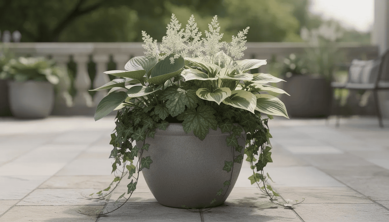 Na zacienionym tarasie znajduje się elegancka kompozycja pojemnikowa z tiarellą, funkiami oraz bluszczem, tworząca gęsty dywan zielonych liści i białych kwiatów. Rośliny te idealnie nadają się do cienistych zakątków ogrodu, gdzie wilgotna gleba sprzyja ich wzrostowi.