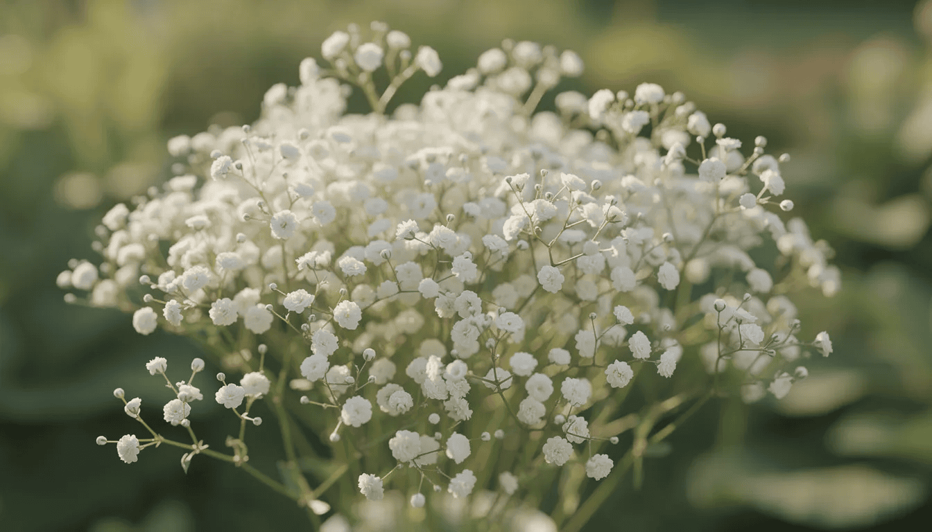 Na obrazie widoczne są delikatne białe kwiaty gipsówki, tworzące zwiewną chmurę, które efektownie prezentują się na tle zielonego ogrodu. Kwiaty gipsówki wiechowate, charakteryzujące się licznymi drobnymi kwiatami, dodają uroku tej kompozycji florystycznej.