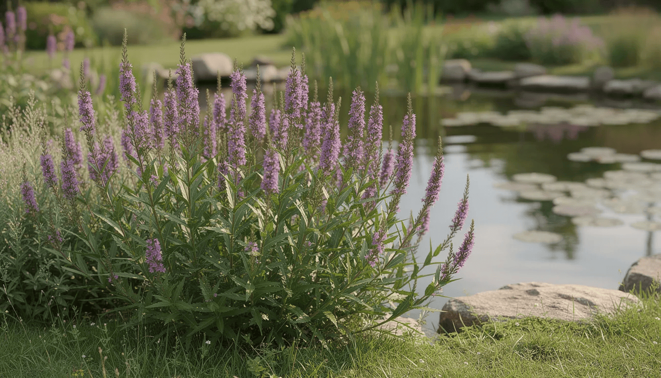 Na brzegu stawu ogrodowego kwitną purpurowe kłosowate kwiatostany krwawnicy pospolitej, tworząc harmonijne kompozycje z intensywnie różowymi i jasnoróżowymi kwiatami. Roślina ta, znana z właściwości przeciwzapalnych, doskonale czuje się w wilgotnych glebach, przyciągając liczne owady, w tym motyle.