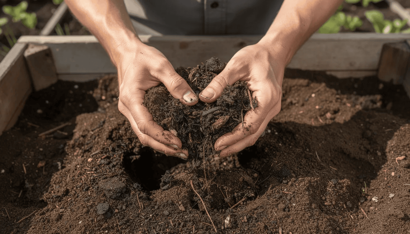 Na zdjęciu widać ręce ogrodnika mieszające kompost z ziemią, przygotowujące stanowisko pod rośliny, w tym paprocie ogrodowe. W tle można dostrzec zielone liście, które sugerują obecność różnych gatunków paproci, idealnych do uprawy w miejscach cienistych.