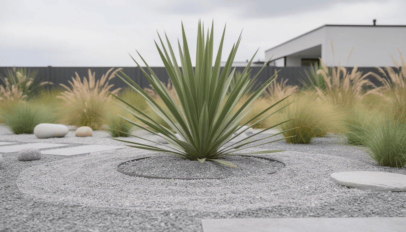 Nowoczesny ogród żwirowy z centralnie umieszczoną juką, otoczoną dekoracyjnymi trawami i kamieniami, tworzy harmonijną przestrzeń. Juka ogrodowa, z jej ostro zakończonymi liśćmi, dodaje egzotycznego wyglądu i jest łatwa w uprawie w polskich warunkach.