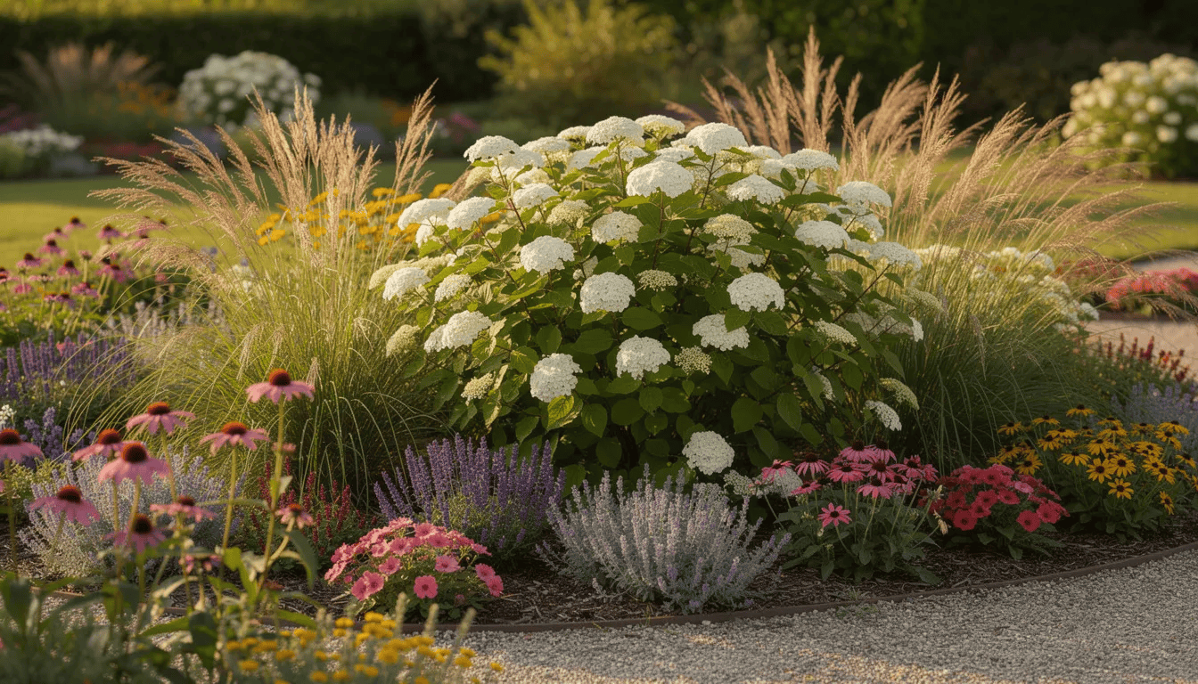 W ogrodowej kompozycji widoczna jest kwitnąca kalina koralowa z kulistymi kwiatostanami, otoczona ozdobnymi trawami i kolorowymi bylinami. W tle można dostrzec zdrowe sadzonki oraz liście, które tworzą piękne tło dla tej rośliny ozdobnej.
