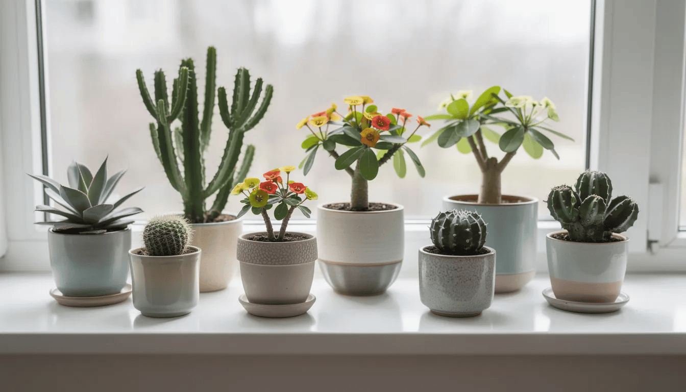 Na jasnym parapecie znajdują się dekoracyjne doniczki z różnorodnymi gatunkami wilczomlecza, takimi jak wilczomlecz trójżebrowy, złocisty i pstry. Rośliny doniczkowe prezentują się efektownie, a ich mięsiste liście oraz pędy dodają uroku wnętrzu.