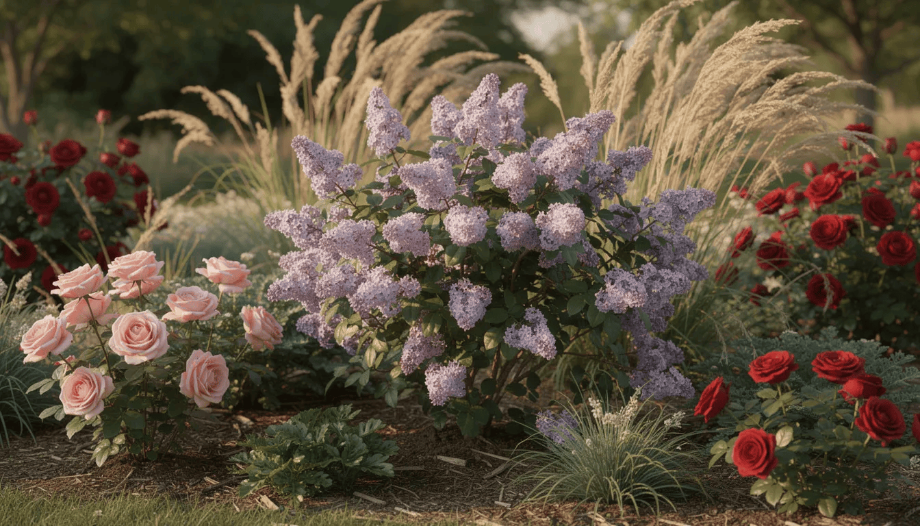 Na obrazie widoczna jest kompozycja ogrodowa z kwitnącym lilakiem pospolitym, różami oraz ozdobnymi trawami. Kwiatostany lilaka, w intensywnych odcieniach fioletu, kontrastują z delikatnymi różami, tworząc harmonijną i kolorową aranżację w słonecznym miejscu ogrodu.