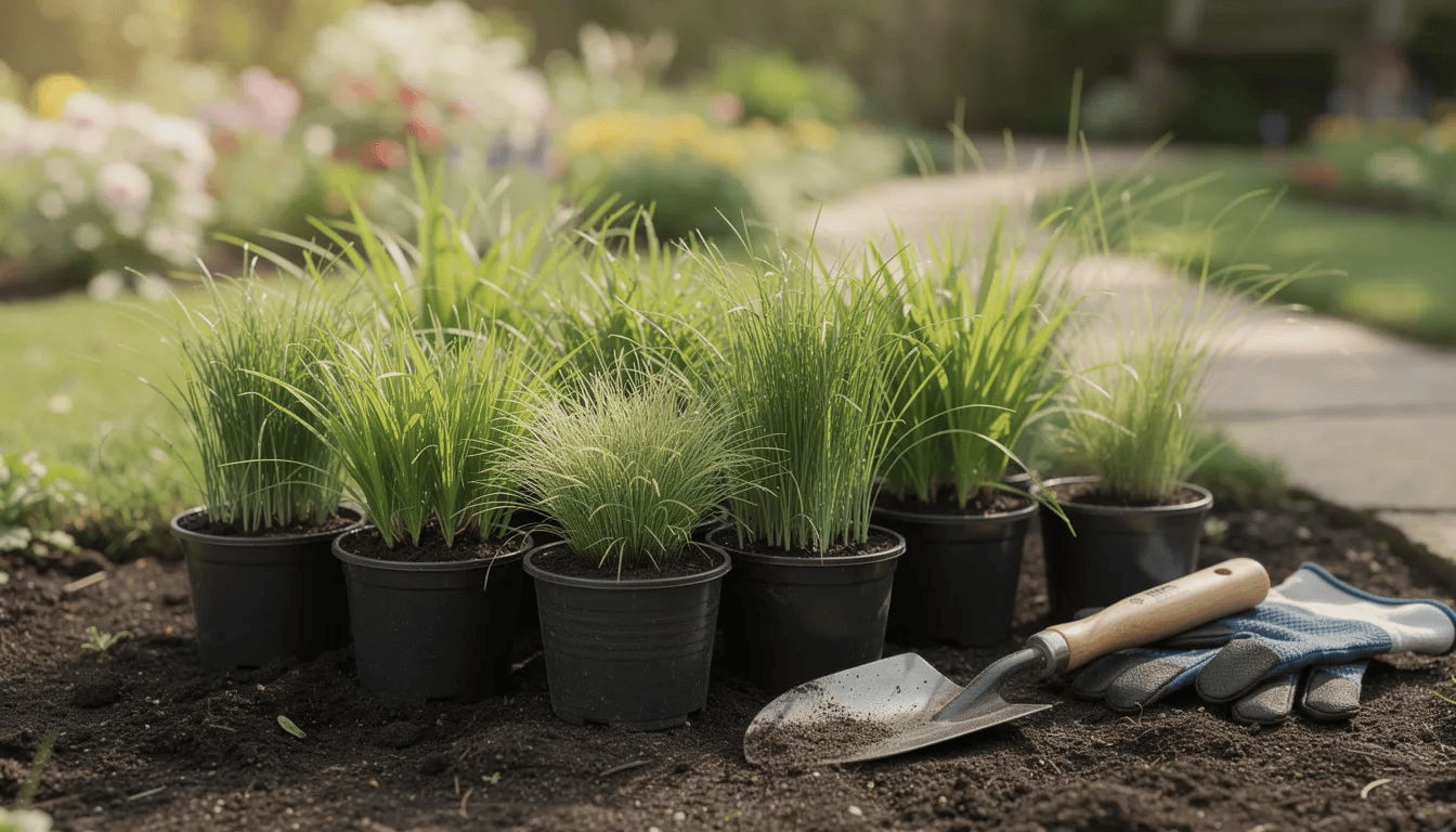 Na zdjęciu znajdują się sadzonki trawy ozdobnej, w tym sesleria jesienna, umieszczone w doniczkach, gotowe do wysadzenia w ogrodzie. Trawa ta, charakteryzująca się niskimi kępami i odpornością na mrozy, idealnie nadaje się do ogrodów skalnych oraz jako ozdobna trawa okrywowa.